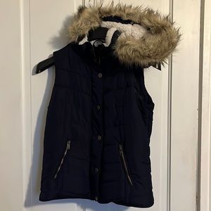 Aeropostale Navy Blue Puffer Vest with Faux Fur Hood